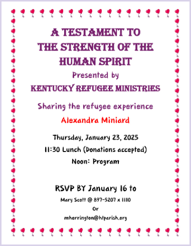 Join other Seniors on Thursday, January 23 at Holy Trinity to gain insight into the refugee experience with Alexandra Miniard